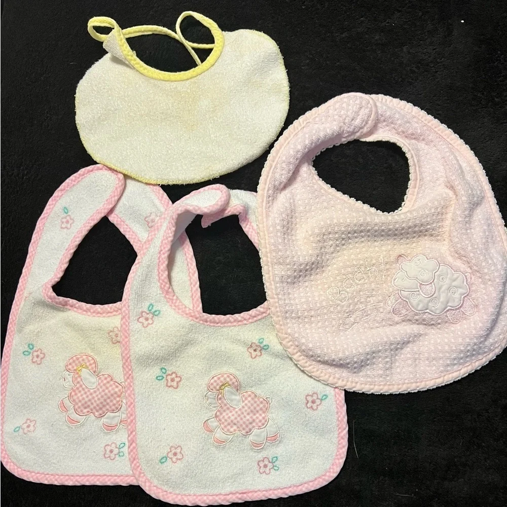 Vtg 60s Baby Girl 0-3 mths Little Lamb Pink and White Drool Bib Lot of 4